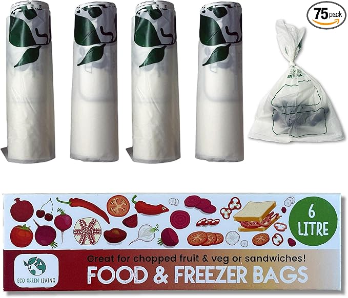 Eco Green Living 1.59 Gallons Food Storage Bags, Plastic Free Food & Freezer Bags, Tie Top Storage Bags with Labelling Space, Large Sandwich Bags, 80 Bags