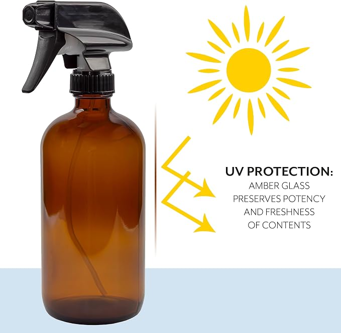 Cornucopia Brands 16oz Amber Glass Spray Bottles w/Reusable Chalk Labels (2 Pack), Heavy Duty Mist & Stream 3-Setting Sprayer; Great for Essential Oils