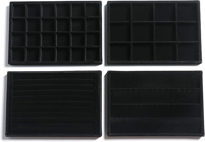 Frebeauty Jewelry Trays for Drawer,Set of 4 Jewelry Organizer and Storage | Velvet Material,Stackable,Adjustable Dividers,Drawer Inserts for Rings Studs Bracelet,Earring Organizer for Women Girls