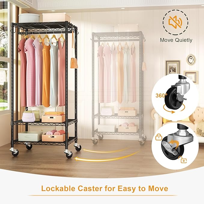 FUTASSI Rolling Clothes Rack, Clothing Racks for Hanging Clothes, Black | P6 Mini Heavy Duty Garment Rack with Wheels, Freestanding Portable Closet Rack with Shelves, 23.6 In Wide, Max Load 360 LBS