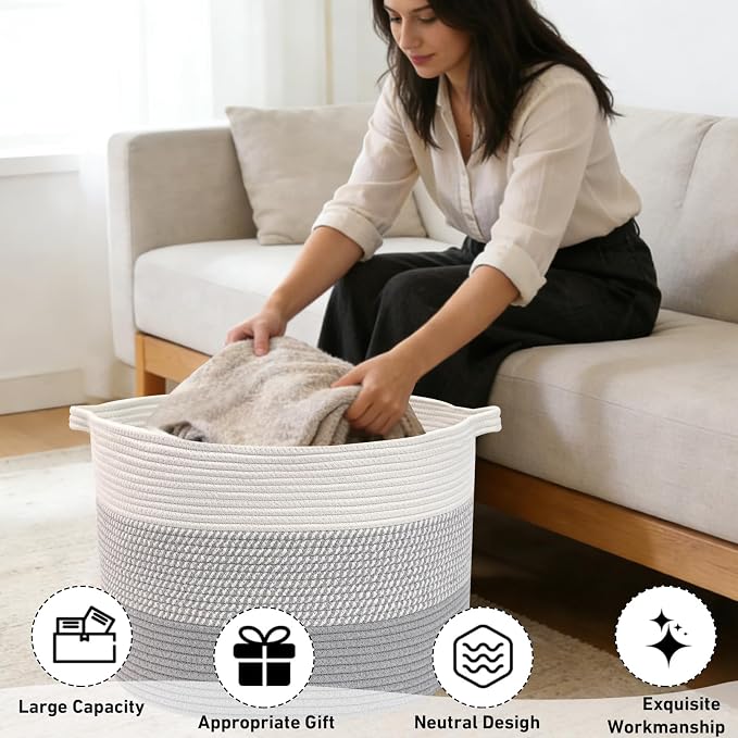 90L Extra Large Blanket Basket,Woven Rope Laundry Basket Hamper with Handles, Decorative Nursery Basket Storage Bin for Toys, Clothes Organizer, Living Room, Bedroom, Bathroom, Grey