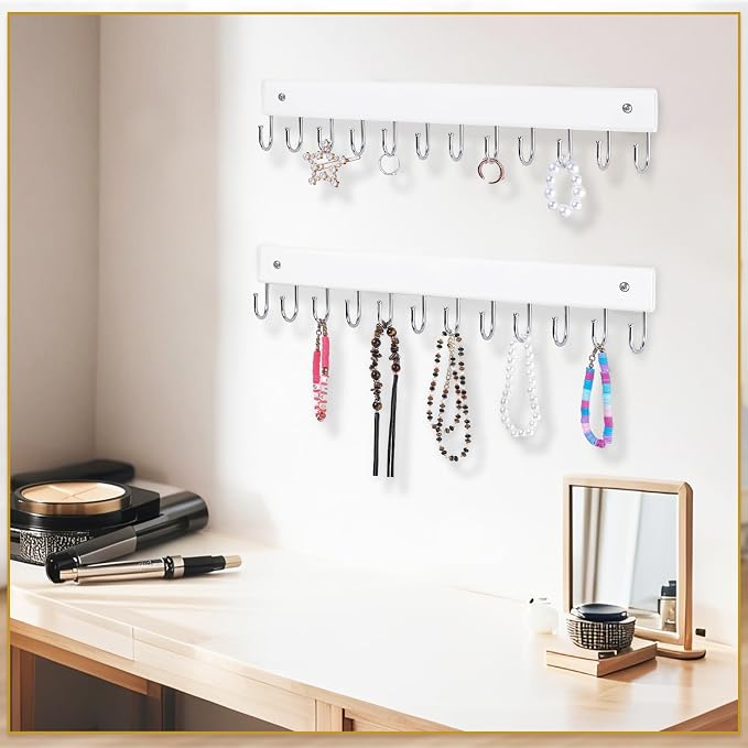 Dntorx Hanging Jewelry Organizer, 2 Pack Necklace Holder for Wall Wooden White Necklace Organizer Hangers Wall Mount with 24 Hooks Jewelry Display Hangers for Necklaces, Bracelets, Earrings, Keys