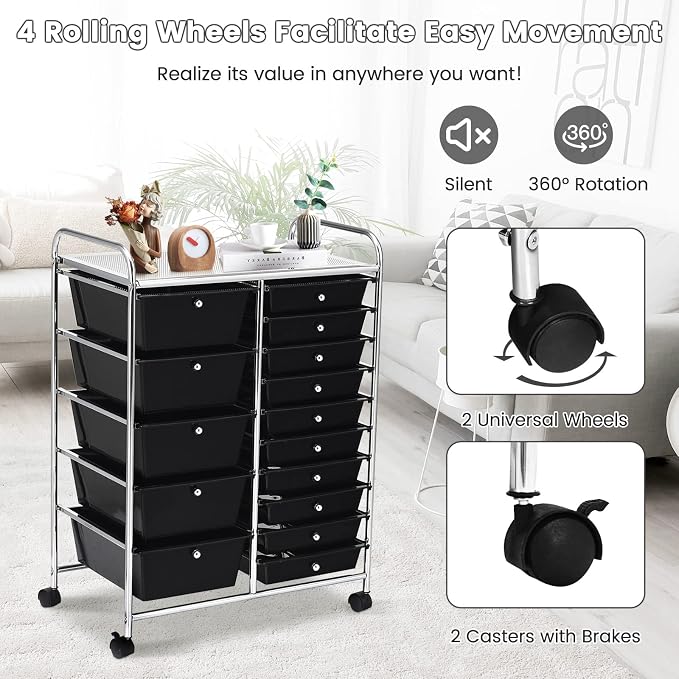 COSTWAY 15 Drawer Rolling Storage Cart, Mobile Storage Organizer | Removable Drawers & Metal Frame, Multipurpose Utility Tools Paper Organizer on Wheels for Home, Office (Black)