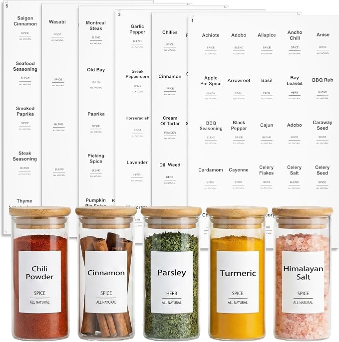 Spice Jar Labels 150 PCS Waterproof Spice Labels Stickers Spice-Minimalist Condiment for Kitchen Jars