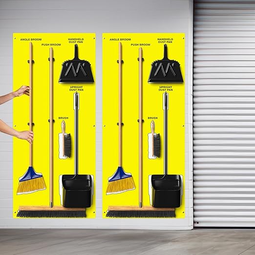 Clean & Sweep 5S Shadow Board/Wall Mount Broom Holder, 68" x 30" Board, 5S Cleaning Station - with Broom and Dustpan Set Included, Made in The USA by AccuformNMC, Yellow/White, PSB716YLWT