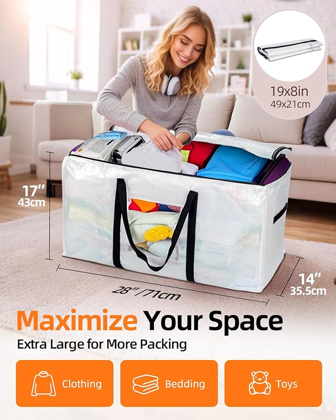 Extra Large Moving Bags, 4 Pack Heavy Duty Storage Bags Boxes Bins Totes with Hnadles Zippers Visible Window for Clothes College Dorm Travel, Clear