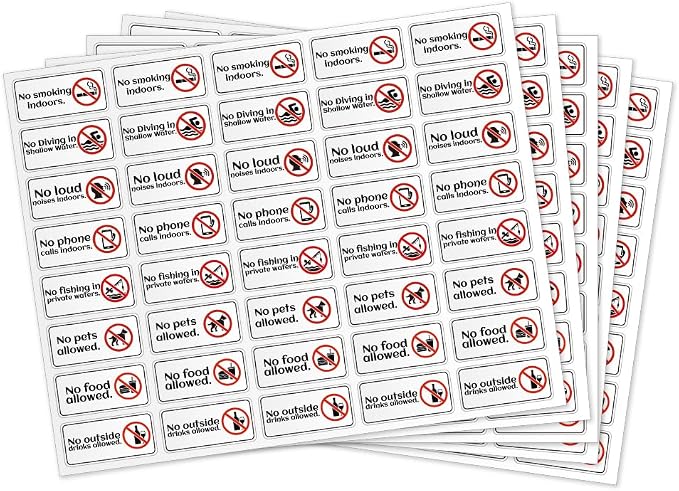 200 Pcs No Smoking Diving Loud Noises Sticker Labels, No Phone Safety Signs Labels Self Adhesive Vinyl Stickers for Public Areas Office Restaurant Swimming Area, 19x38mm