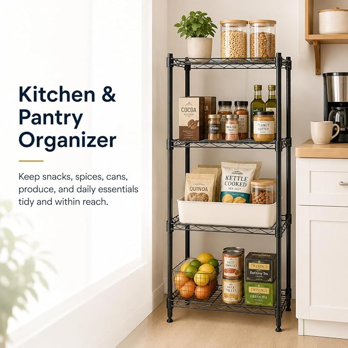 4 Tier Storage Shelves, Metal Wire Shelving Unit, Heavy Duty Adjustable Shelf Rack for Pantry, Kitchen, Garage and Laundry Room, Black
