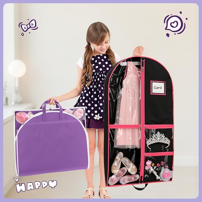 Dance Garment Bags for Dancers, 40" Garment Bags for Hanging Clothes with 3 Clear Zipper Pockets, Cheer Uniform Garment Bag for Suits, Travel & Sports Jersey (Black Pink, 1 Pack (40 inches))