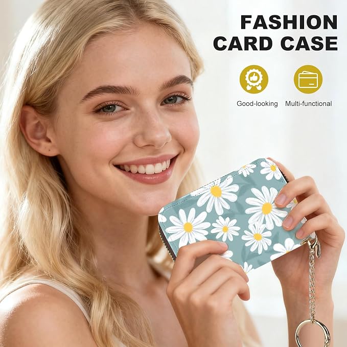 Credit Card Holder for Women,Small Rfid Wallet with Keychain Zipper,Cute PU Leather Card Case Wallet，Accordion Credit Card Wallets Gift,White Daisy C