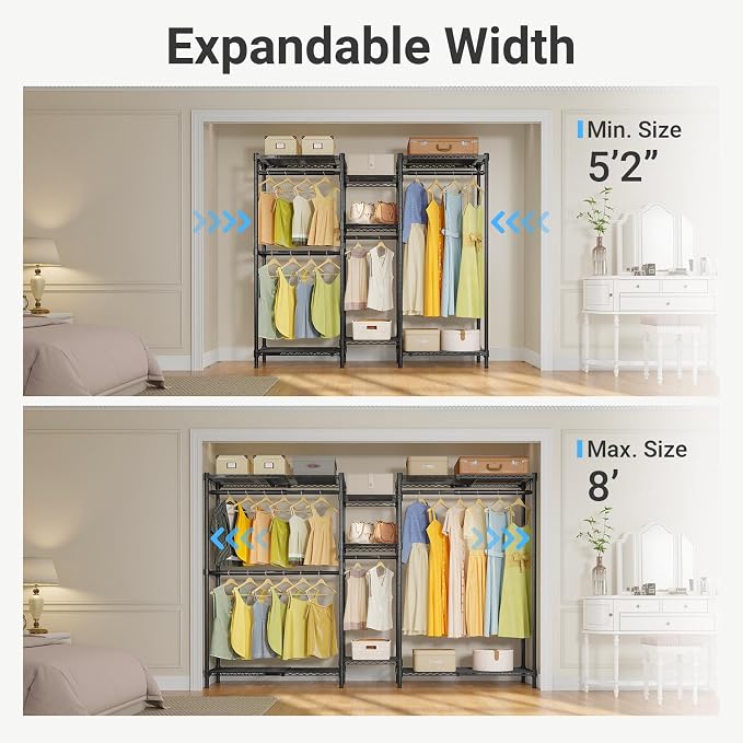 VIPEK Classic V6X Dynamic Closet System, Expandable Freestanding Clothes Rack with Shelves & Hanging Rods, Adjustable Width 62"-96", Modular Metal Clothing Rack Organizer for Reach-in Closet