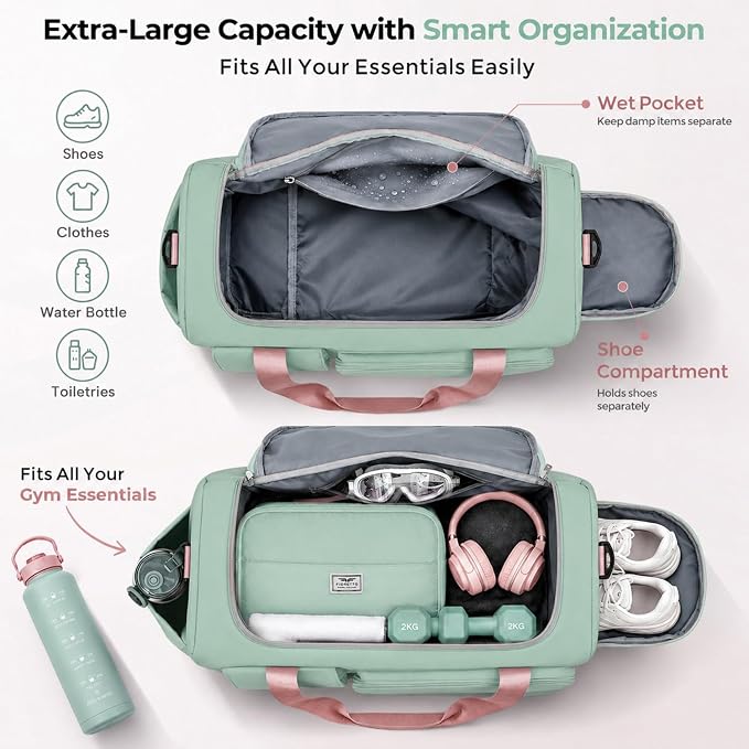 FIORETTO Women's Gym Duffle Bag with Shoes Compartment, 30L Capacity, Ideal for Travel, Gym, Sports, Duffel, Weekender
