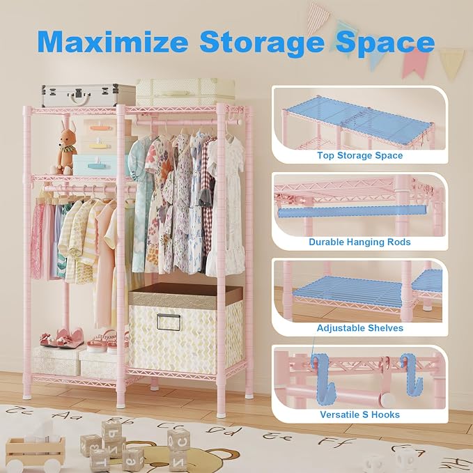 Ulif F1 Clothes Rack for Kids, Baby, Students, and Children's Room, 4 Tiers Portable Metal Closet Clothing Rack, Small Garment Rack with 2 Hanging Rod, 31.2" W x 11.8" D x 48" H, Pink
