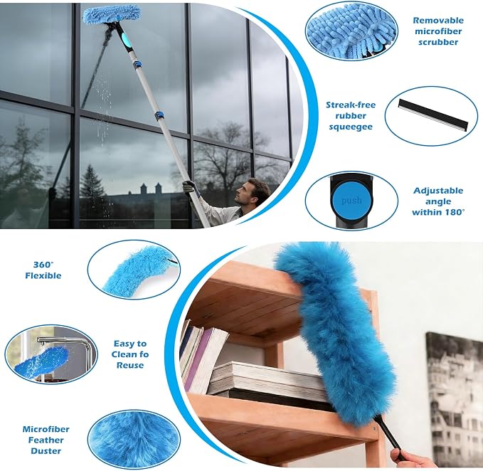 16FT Reach High Ceiling Duster Kits with 3-12FT Adjustable Pole - Includes Extra Long Duster, High Ceiling Duster, Rotatable Window Squeegee & Cobweb Duster for Ceiling Fans and Whole House Cleaning