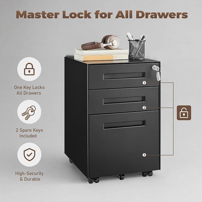 Approgreent Fully Assembled Home Office Filing Cabinet with Lock | Mobile File Cabinet with Anti-tipping Wheels, Fits A4, Letter & Legal Size Files & Folders, Matte Black