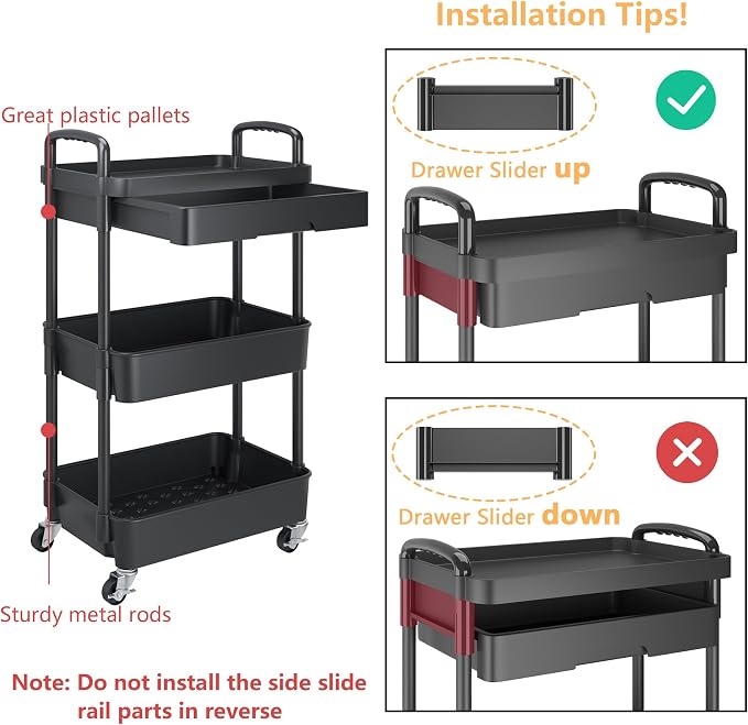 Calmootey 3-Tier Rolling Utility Cart with Drawer,Multifunctional Storage Organizer with Plastic Shelf & Metal Wheels,Storage Cart for Kitchen,Bathroom,Living Room,Office,Black | Space-Saving Organizer, Sturdy Plastic Shelves, Smooth-Rolling Metal Whee...