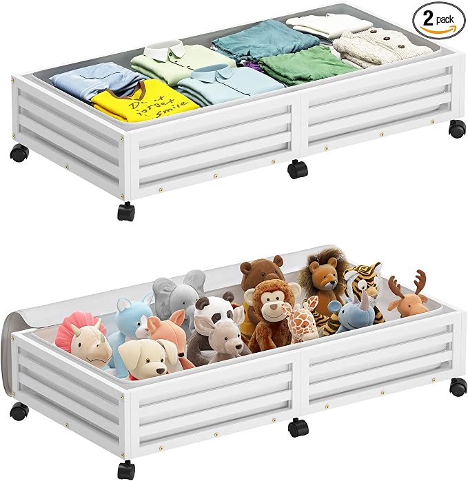 Wisuce 2 Packs Bamboo Under Bed Storage Organizer with Wheels White Large