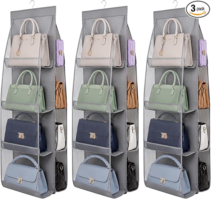 3 Pack Hanging Handbag Organizer for Closet, Purse Organizer For Closet, Handbag Storage Holder with 8 Clear PVC Pockets, Sturdy Hook for Wardrobe Door and Wall, Space Saving Gray