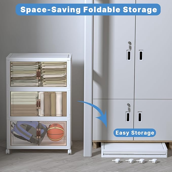 Stackable Storage Bins with Lids, Collapsible Storage Boxes, Foldable Plastic Storage Drawers for Bedroom,Office, Dorm (3, White, M)