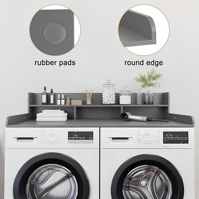 Washer Dryer Countertop with Shelf, 2-Tier Laundry Countertop Over Washer and Dryer, 54" x 27.55" Wooden Table for Folding Clothes for Laundry Room Organization and Storage (Gray)