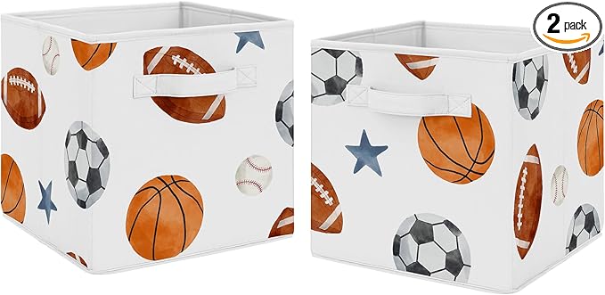 Sweet Jojo Designs Sports Theme Boy Collapsible Fabric Storage Cubes Foldable Bins Organizer Boxes Kids Baby Childrens Toys Set of 2 - Watercolor Soccer Balls Football Baseball Basketball Blue Stars