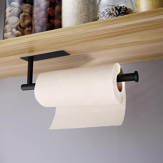 Paper Towel Holders for Kitchen- Under Cabinet Paper Towel Holder Roll Back for Bathroom Towel, Wall Mounted Black Paper Towel Rack 304 Stainless Steel, Adhesive or Drilling Mounting
