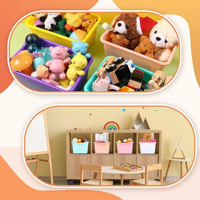 Dandat 72 Pcs Plastic Book Bins for Classroom Library Colorful Scoop Front Cubby Bins Stackable Toy Storage Containers with Handles for School Home Office Nursery Daycare (Bright Color)