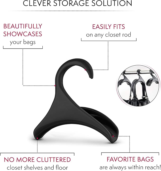 Bag-a-Vie Purse Hanger for Closet - Handbag Organizer Hooks for Hanging Bags & Purses, Protecting Bag Shape & Organizing Space (3 Hangers, Black Plastic)