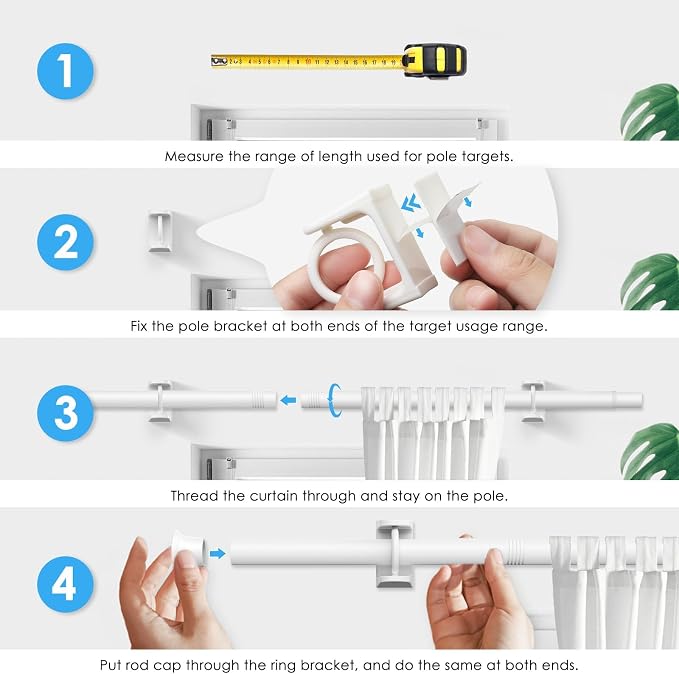 1PCS Spring Tension Curtain Rods 32 to 62 Inch White Tension Rod Spring Tension Rod long Curtain Rod Tension Adjustable Curtain Rods for Kitchen