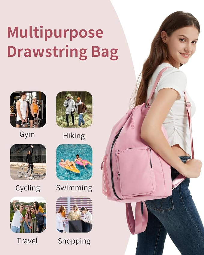 WANDF Drawstring Backpack with Shoe Compartment, Sports Gym Bag | Multi-Pocket Storage, Water-Resistant Fabric, Cinch String Bag