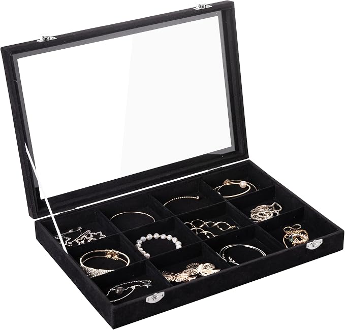 Frebeauty 12 Grid Bracelet Holder Box,Velvet Jewelry Tray with Clear Lid | Real Glass Lid,Bracelet Display,Jewelry Organizer for Bangle Brooch,Adjustable Divider,Dustproof Design,13.8×9.5Inches
