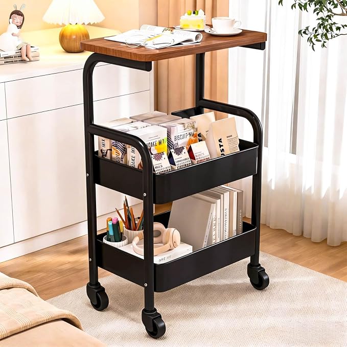 3 Tier Metal Storage Utility Cart with Wooden Top, Rolling Home Organizer | Stable and Sturdy, 2 Lockable Wheels, Multi-Purpose for Snacks, Coffee, Craft, Makeup, Garage, Bedside, Kitchen, Office