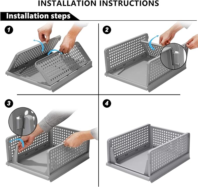UGL Stackable Wardrobe Storage Box Organizers, Plastic Detachable Baskets Closet Containers, for Kitchen Cabinet, Pantry, Closet, Bedroom, Bathroom Organization, (Grey, 4 Set)