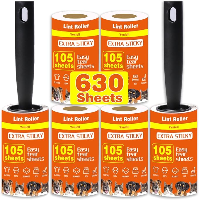 Yvnicll 630 Sheets Extra Sticky Lint Rollers for Pet Hair | Easy Spiral Tear Lint Roller for Clothes and Pet Hair， Remover for Couch, Furniture and Carpet.