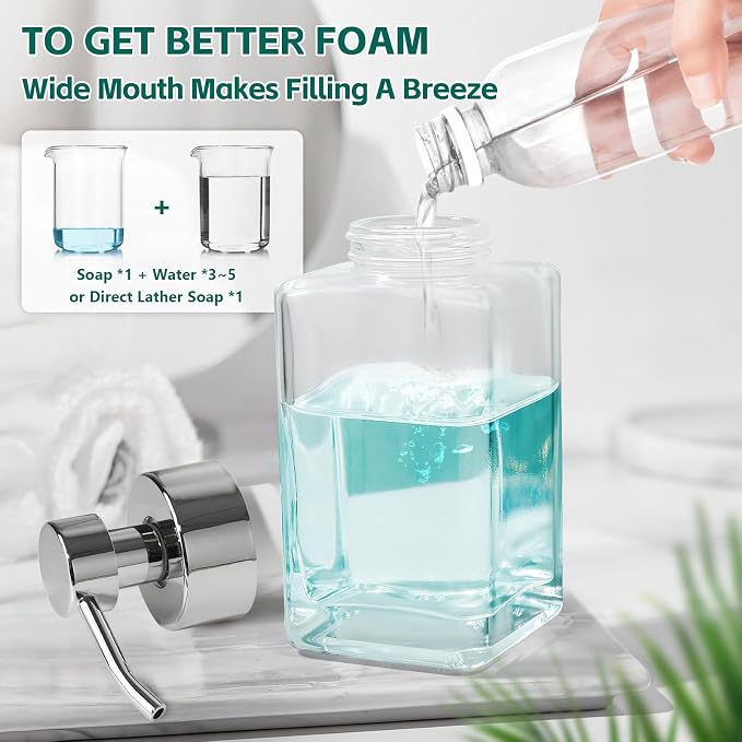 Foaming Soap Dispenser, 12oz/350ml Glass Hand Soap Dispenser Set, Refillable Foam Dispenser with Foaming Pump, Labels, Square Hand Dispenser for Bathroom, Kitchen 2 Pack