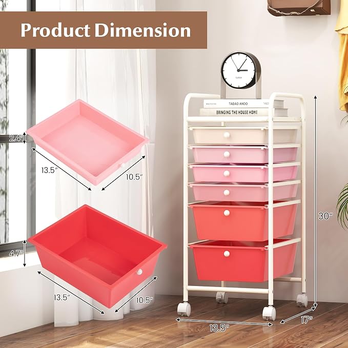 DREAMADE Rolling Cart with Storage Drawers, Utility Cart with Removable Plastic Drawers, Lockable Wheels, Art Cart for Classroom Organization Art Supplies Office Scrapbook (6 Drawers, Mixed-pink)