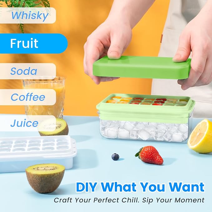 0.8“ Ice Cube Tray with Lid and Bin, PHINOX 56 Cubes Ice Trays for Freezer, Ice Cube Trays for Freezer with 2 trays, Container, Lid & Ice Scoop, BPA Free, Green(28Cubes/Tier)