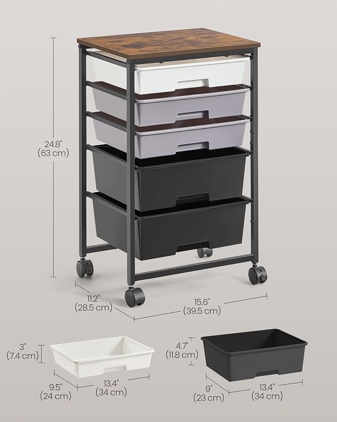 VASAGLE 5-Drawer Rolling Storage Cart, Mobile Organizer Trolley with Wood Top and Metal Frame, for Craft Room, Office, 15.6 x 11.2 x 24.8 inch, Black, BENCO Collection ULRC005B101