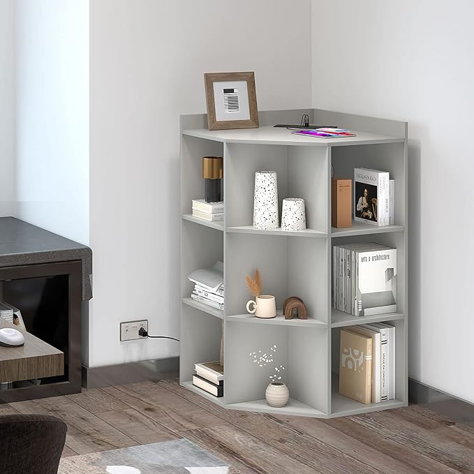 HedoAjim Corner Cabinet, Corner Storage Shelf with USB Ports and Outlets Industrial Organizer for Small Space Wooden 9-Cubby Bookshelf for Study, Playroom, Living Room (Grey)
