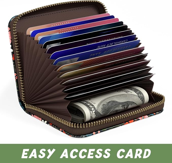 Aiawoxc Credit Card Holder, Small RFID Wallet Slim Leather Card Organizer Case with Zipper and Keychain, Cute Flowers