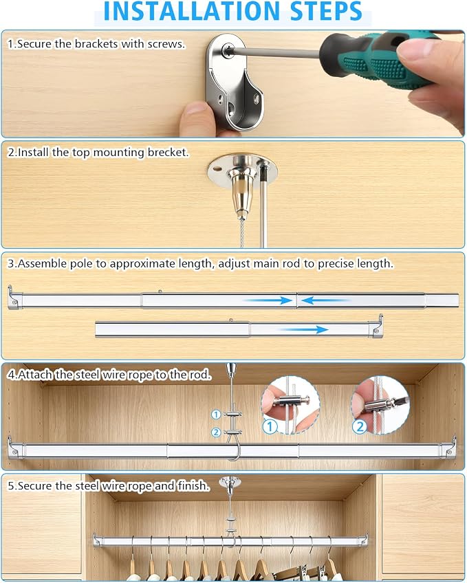 Premium Chrome Oval Closet Rod for Hanging Clothes 52 to 70 Inch, Includes End Supports, Adjustable Wardrobe Tube, Heavy Duty Extendable Closet Pole, Carbon Steel