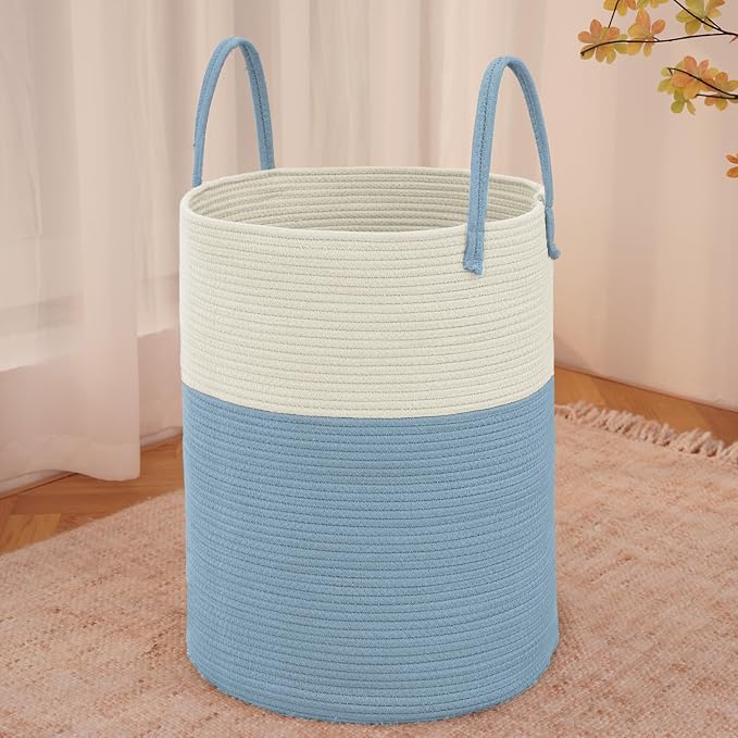 JMvicyroam Large Woven Laundry Basket Hamper,60L Cotton Rope Storage Bin for Blankets,Toys and Clothes,Decorative Tall Nursery Hamper for Living Room,Baby Nursery,Bathroom and Bedroom,White and Blue