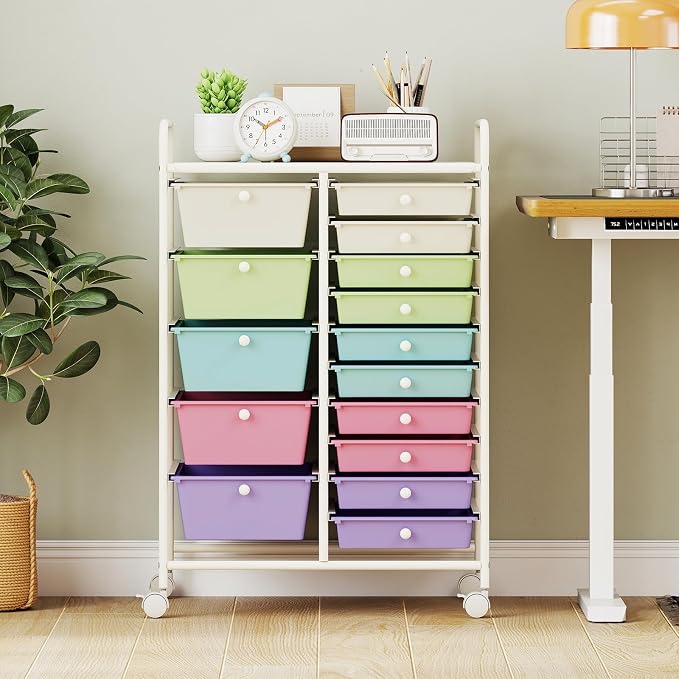 LUARANE Rolling Cart with 15 Drawers, Craft Storage Cart with Portable Handles & Lockable Wheels, Mobile Toys Organizer, Large Capacity Utility Drawer Cart Home Office School Teacher