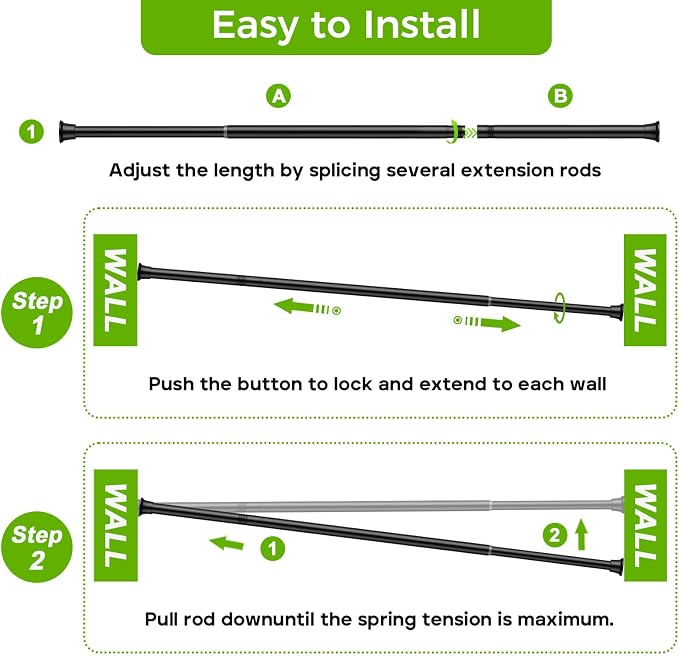 Black Shower Curtain Rod 24 to 46 Inches Adjustable, 1 Inch Diameter Heavy Duty Tension Curtain Rods No Drill, Rust-Resistant Tension Rod for Bathroom, 1 Pack (Black, 24"-46"-1P)