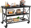 Homieasy Kitchen Island Cart with Wheels, 3-Tier Wood and Metal Rolling Kitchen Island Table with Pipe Legs, Storage Shelves & Lockable Casters for Kitchen Dining Room, Black