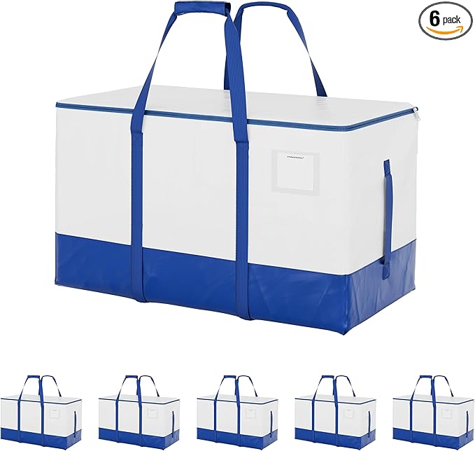 StorageWorks 6 Pack Extra Large Lidded Storage Bins, Moving Bags with Lid, Heavy Duty Storage Packing Tote for Clothes, Collapsible Moving Supplies with Reinforced Handles, White and Blue