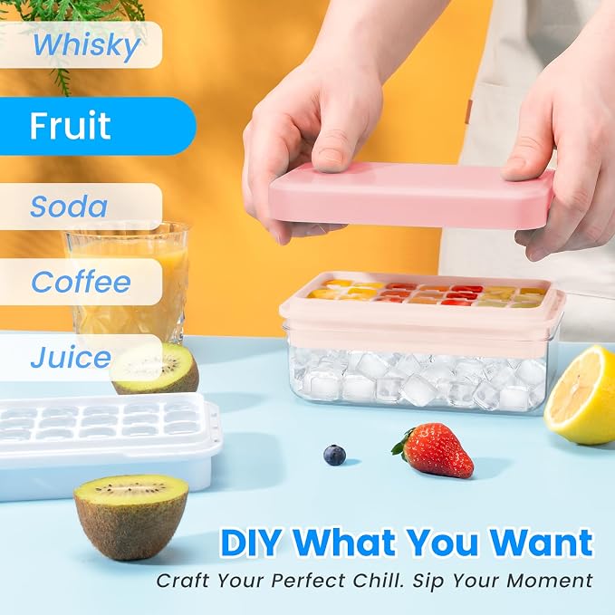 0.8“ Ice Cube Tray with Lid and Bin, PHINOX 28 Cubes Ice Trays for Freezer, Ice Cube Trays for Freezer with 1 tray, Container, Lid & Ice Scoop, BPA Free, Pink(28Cubes/Tier)