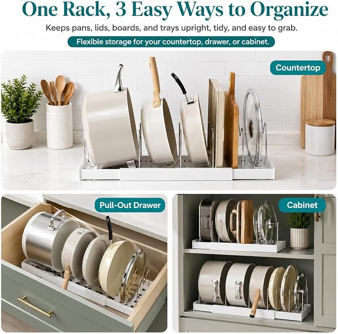 Pot Rack:Expandable Pan Organizer for Cabinet,Pot Lid Holder with 6 Adjustable Compartment for Kitchen Cabinet Cookware Baking Frying Rack,Apricot