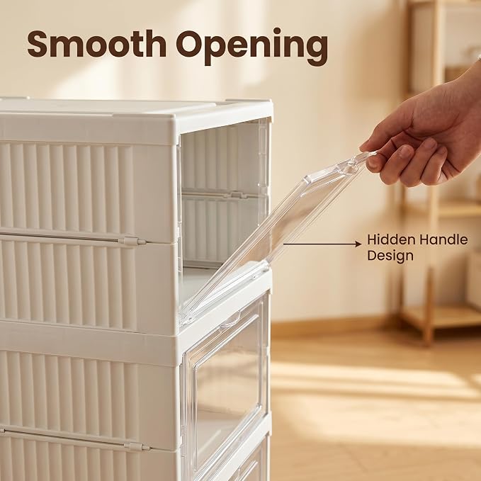 6-Tier Clear Shoe Storage Boxes, Collapsible, No Assembly | Six plastic compartments fold flat when not in use and stack vertically, with transparent doors for easy viewing and access.