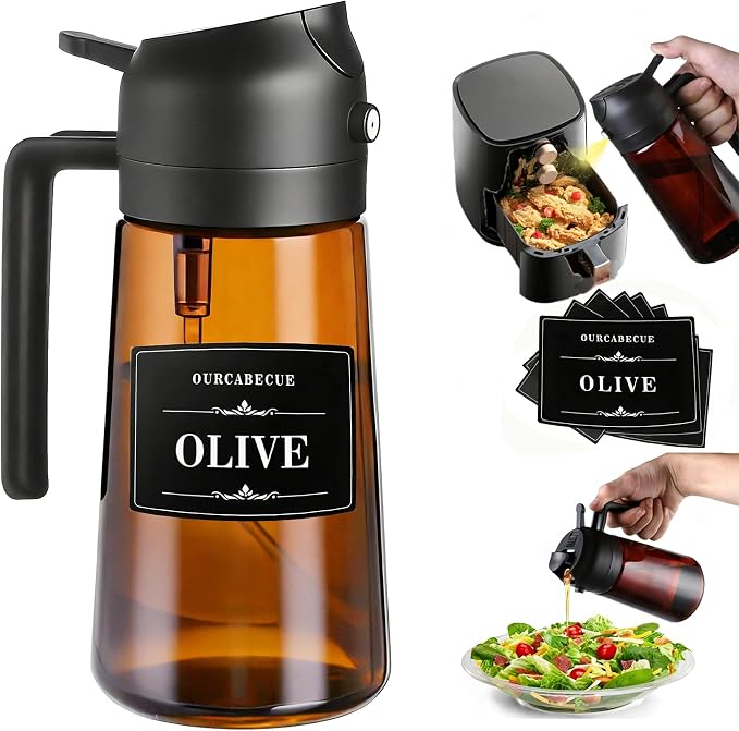 Olive Oil Sprayer & Dispenser Bottle for Cooking 16oz Dark Glass Oil Mister | 2-in-1 Oil Sprayer & Pourer, Fine mist, Light-Blocking, Wide Mouth for Easy Refill & Clean, 8 Oil Labels, Reusable